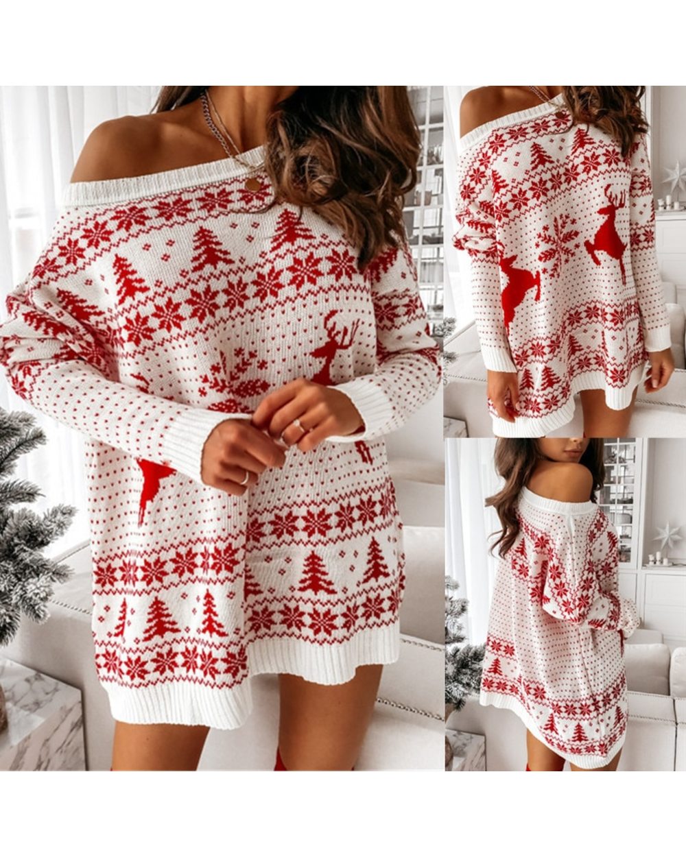 Women Christmas Sweater Dress Autumn Winter Long Sleeve Off Shoulder Kniteed Casual Pullover Oversized Fashion Jumper front-0