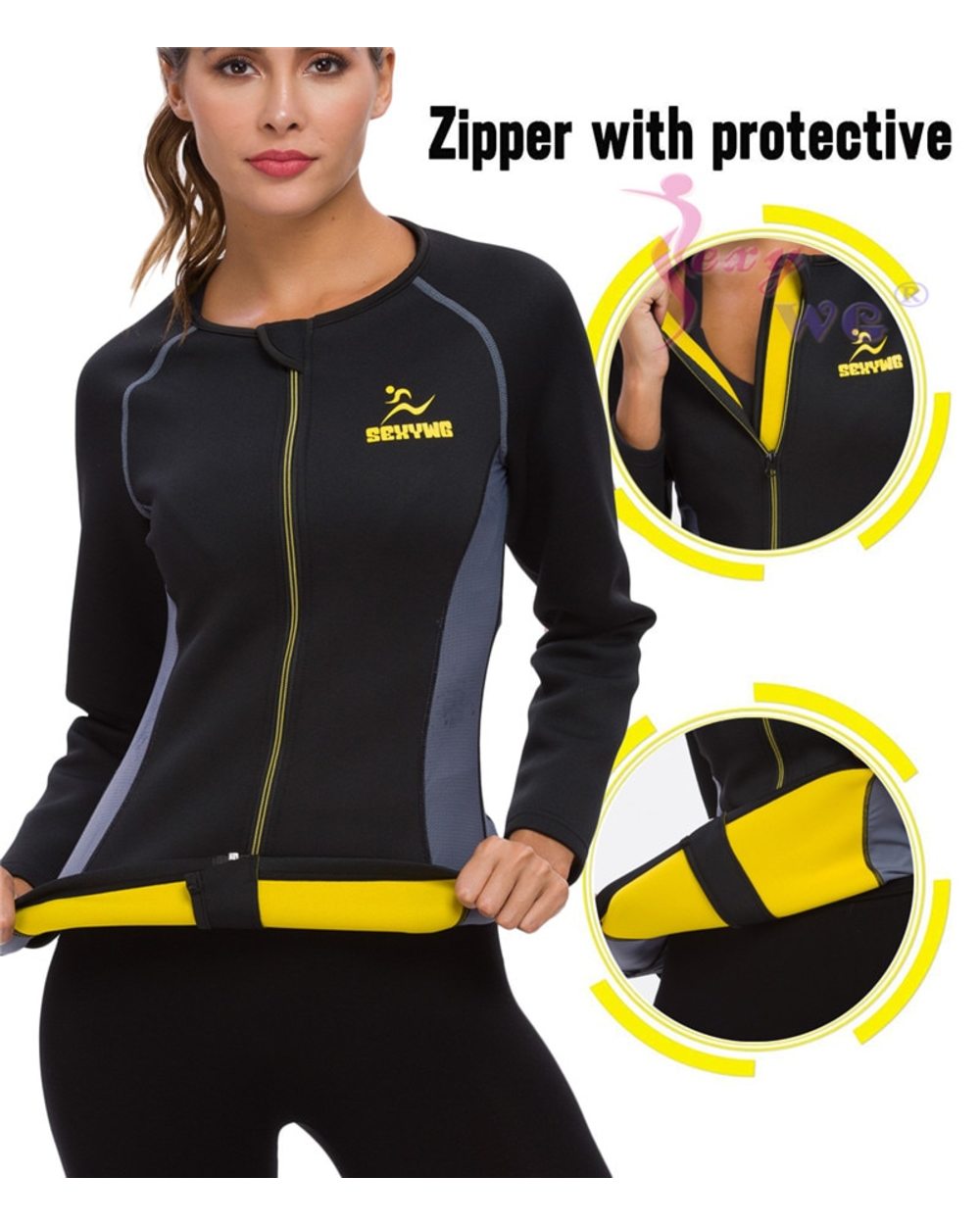 Long Sleeve Yoga Fitness Tight Women Neoprene Sauna Suit Waist Trainer Zipper Shapewear front-3