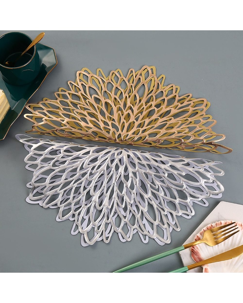 Table Mat Hibiscus Flower Bronzing PVC Placemat Coaster Pads Table Bowl Home Christmas Decor Heat Resistant front-2