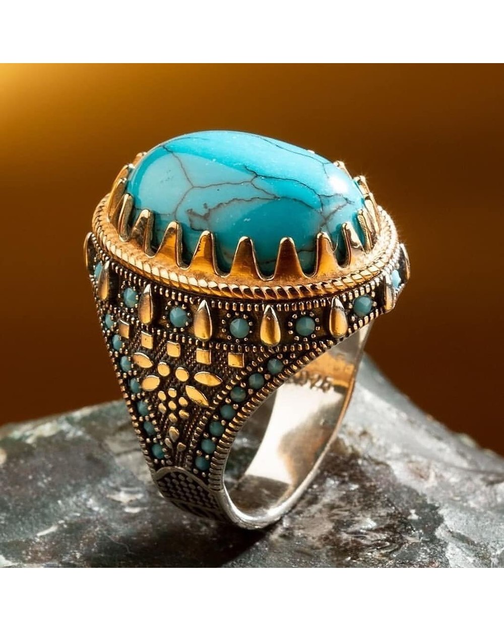 Fashion Men's Natural Turquoise Ring Vintage Silver Gold Plated front-1