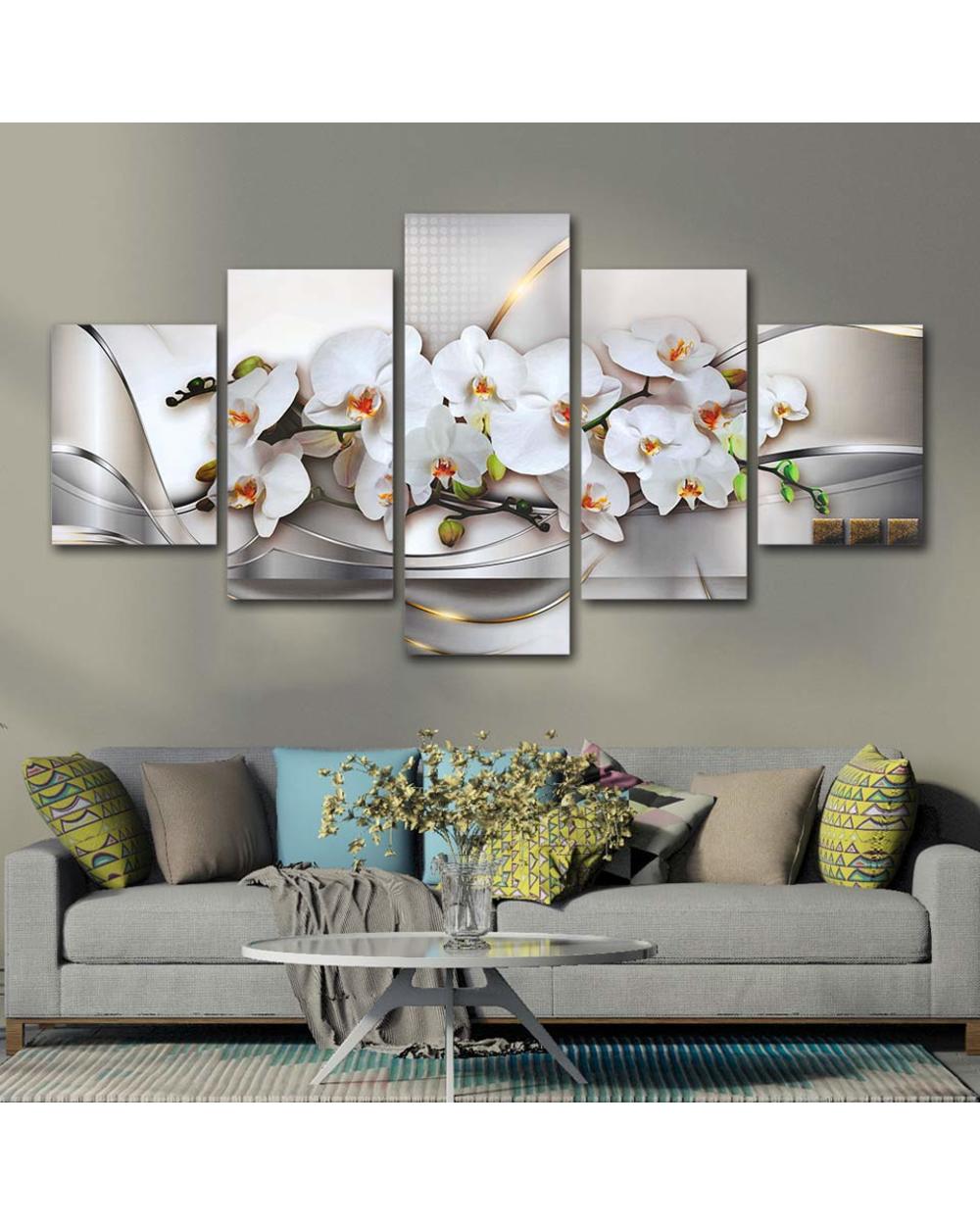 Abstract White Phalaenopsis Flowers Picture Print Nature 5 Panel Canvas Art Wall Decor front-2