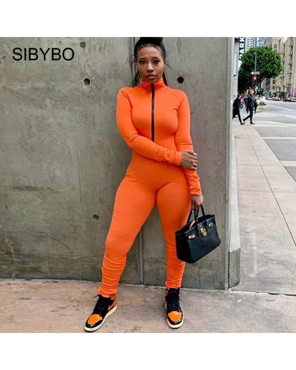 Sibybo Knitted Turtleneck Jumpsuit For Women Autumn Zipper Jumpsuit Rompers Lucky Label Fitness Overalls front-2