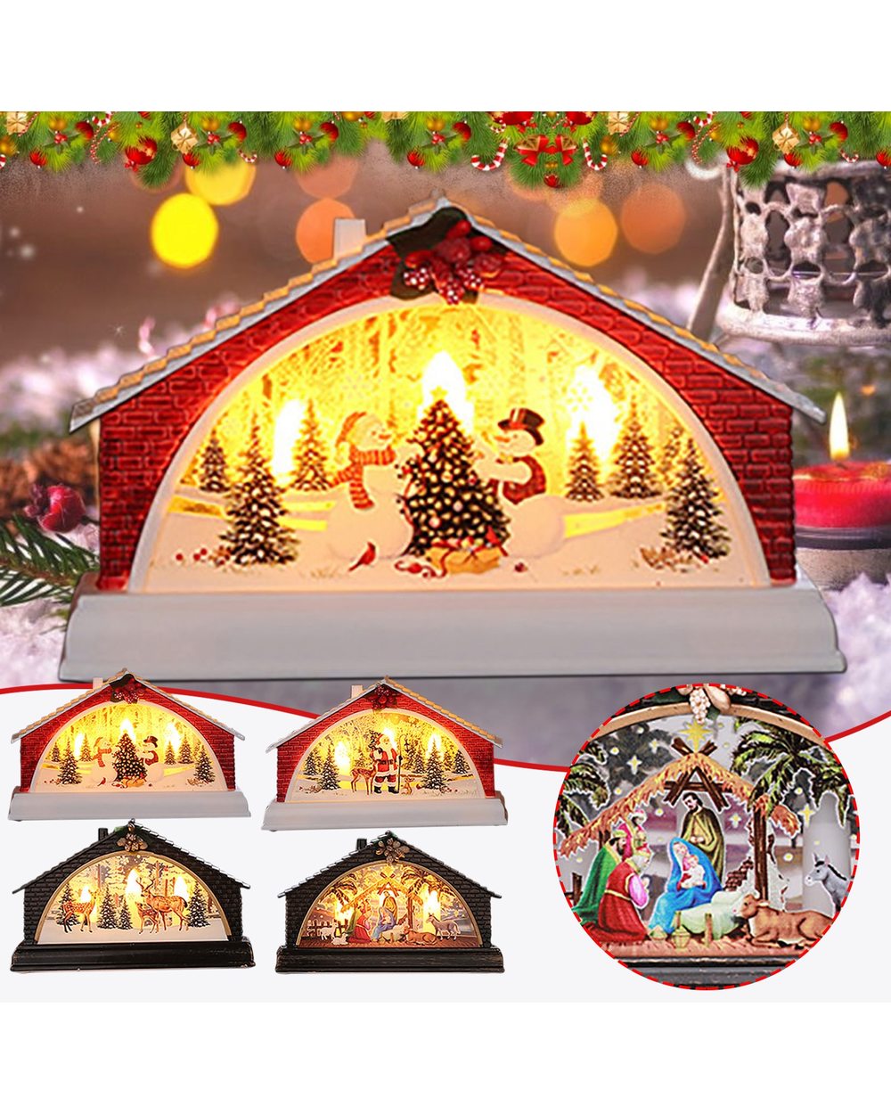 Christmas Glow Home Decoration House Manger Snow Night Light Home Furnishing Props Desktop Fireplace Decor Xmas Gifts front-0