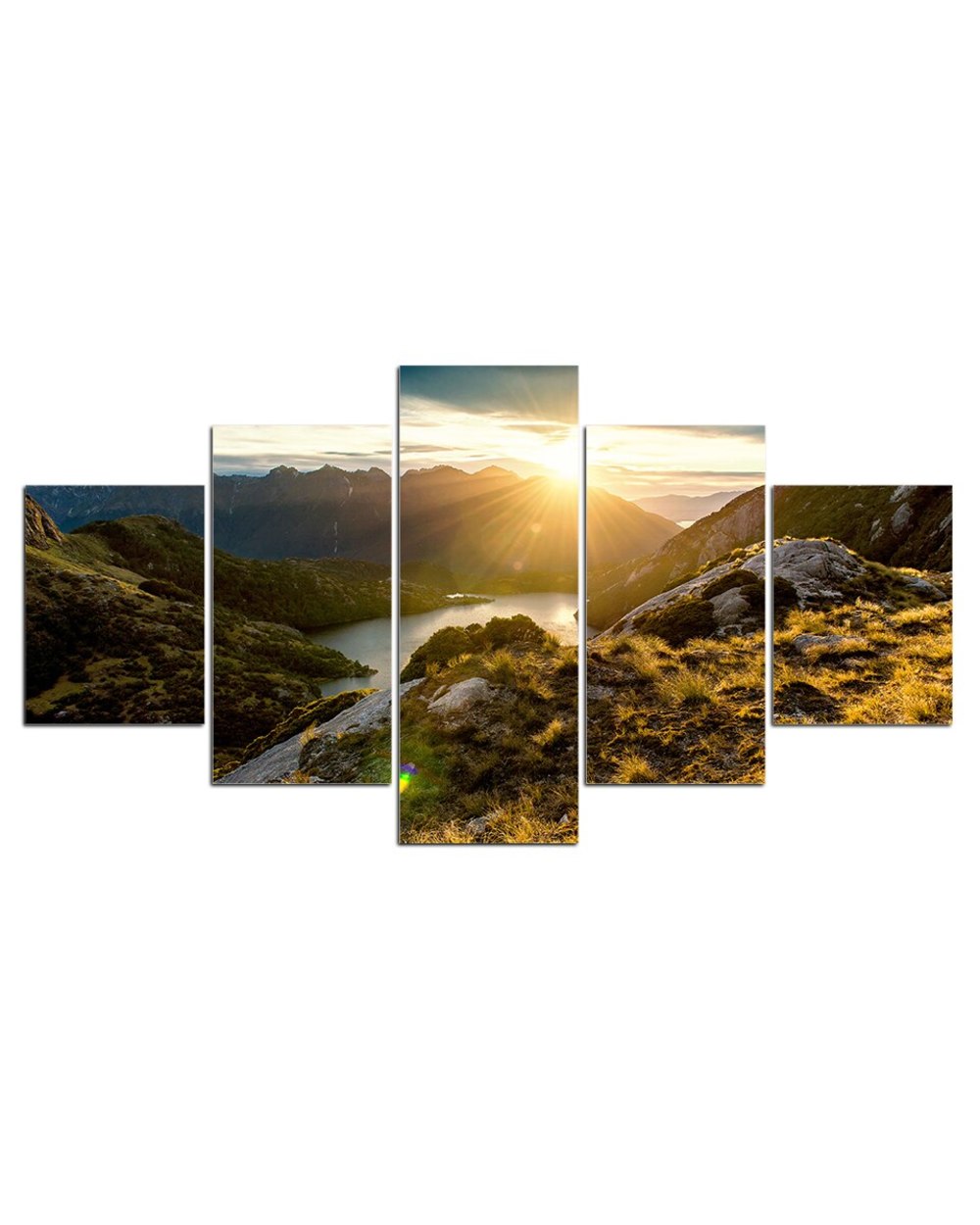 Rising Sun Mountain River View Picture Nature 5 Panel Canvas Art Wall Decor front-1