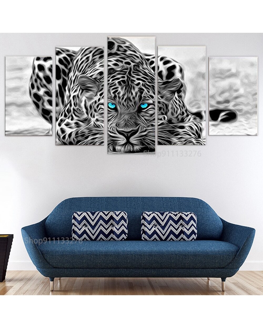 Blue Eyes Leopard Tiger Picture Print Animal 5 Panel Canvas Art Wall Decor front-0
