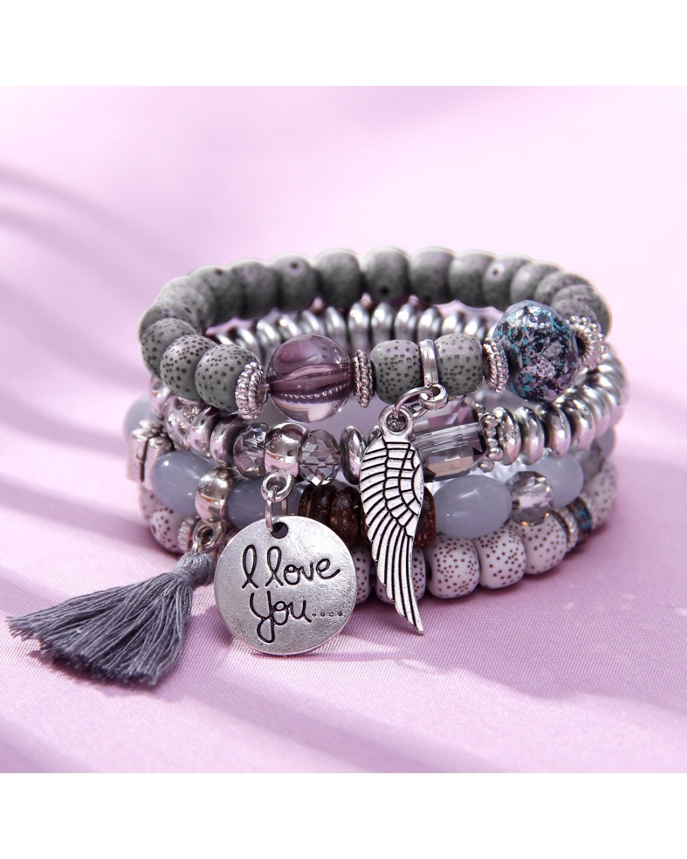 4Pcs/Set Wings Heart Alloy Pendant Beads Bohemian Bracelets Women Lava Stone Wristband Bangles For Party front-1