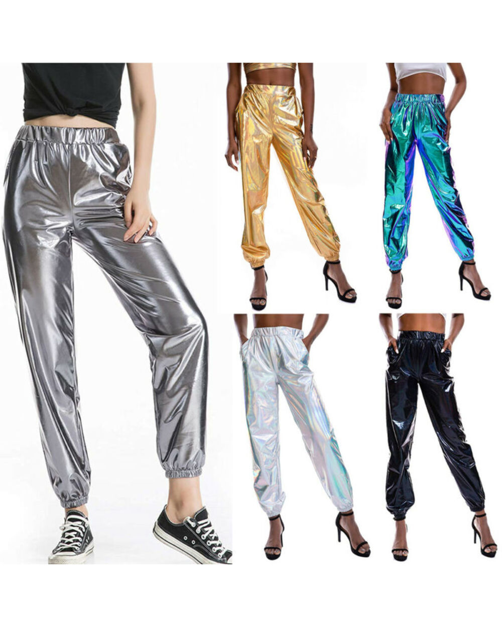 Metallic Shiny Jogger Pants Women Harem Hip Hop High Waisted Glittening Streetwear Elastic Trousers front-2