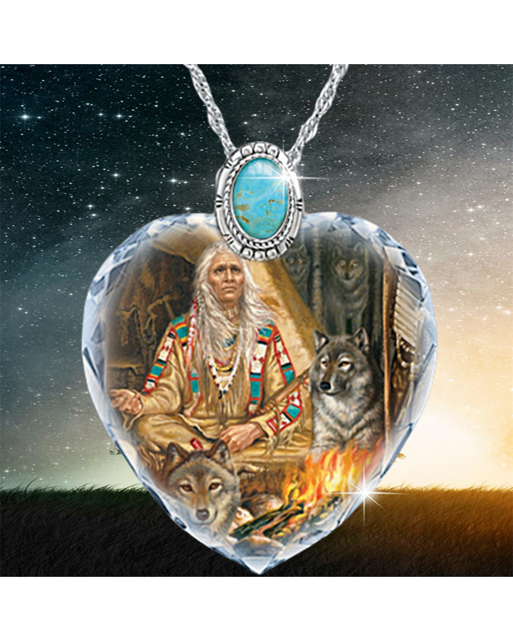 Exquisite Ethnic Style Chief and Wolf Heart Shape Crystal Turquoise Pendant Necklace Fashion front-1
