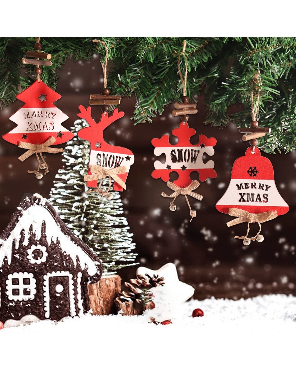 1Pc Natural Christmas Wooden Pendent Merry Xmas Snow Hanging Ornament Xmas Tree Decoration Navidad Noel Party Kids Gift front-4