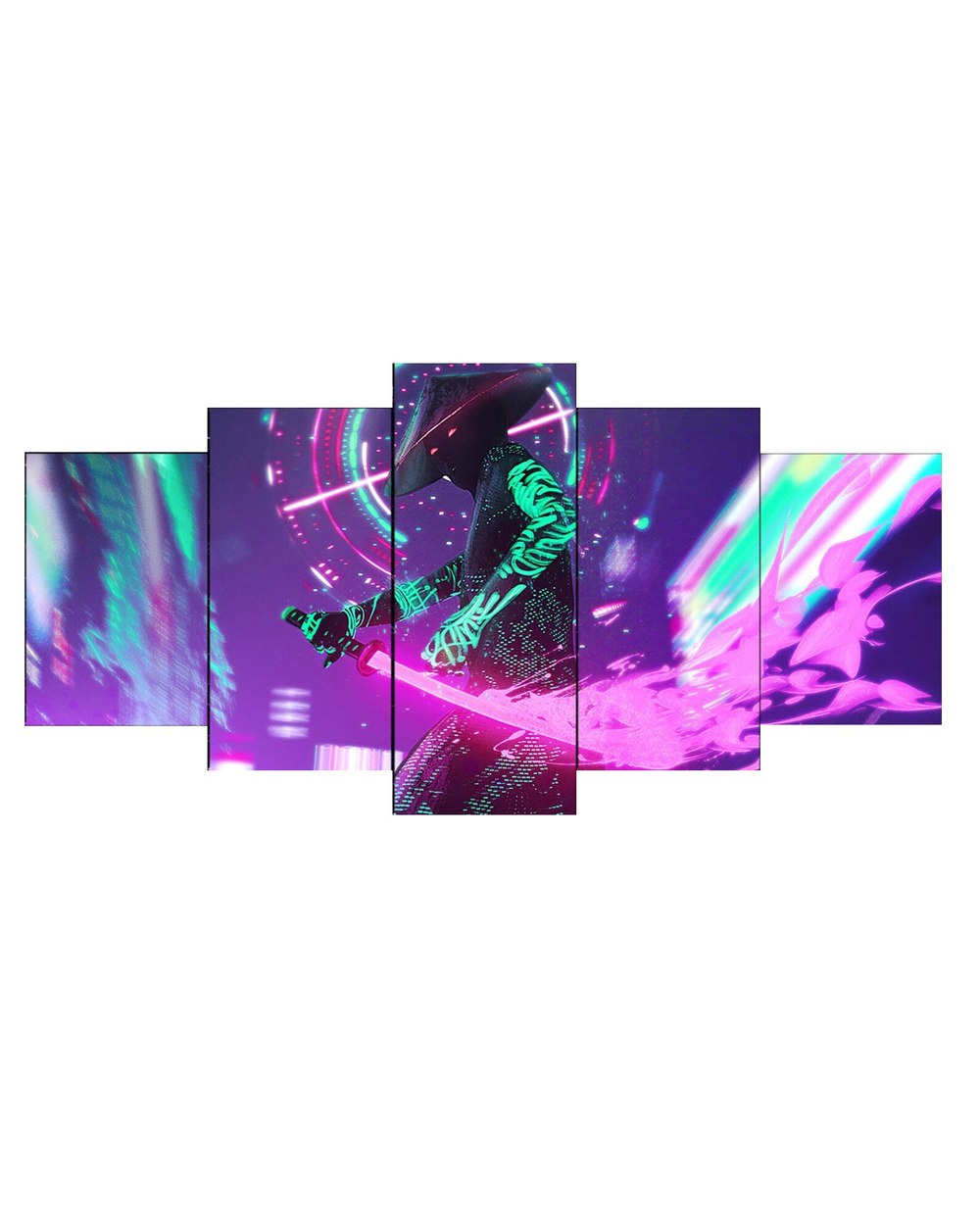 Anime Manga Picture Retrowave Samurai Figure Picture Print Anime 5 Panel Canvas Art Wall Decor front-2