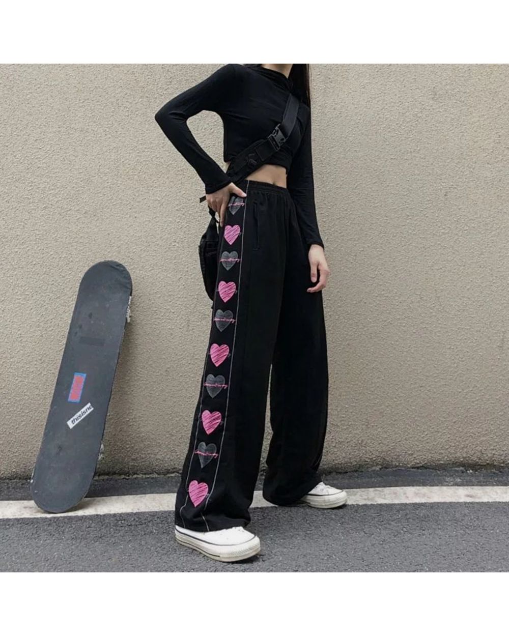 Black Korean Heart Pants Cute Girl Harajuku Trousers Female Streetwear Gothic Sweatpants Women front-3