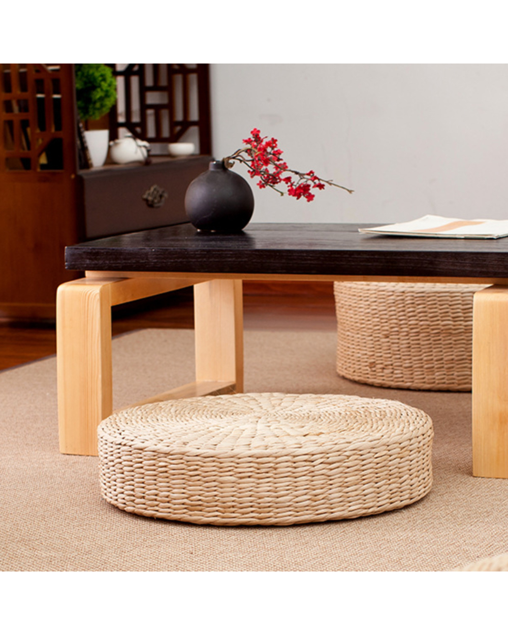 Cushion Natural Straw Round Pouf Tatami Cushion Weave Pillow Floor Japanese Style Cushion With Silk Home Textile front-2