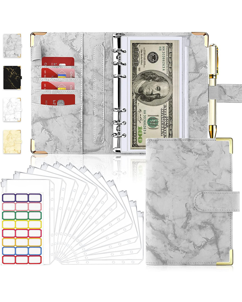 A6 Pu Leather Marble Notebook Binder Budget Planner Money Organizer For Cash Savings With 12 Zipper Envelope Pockets &A front-0