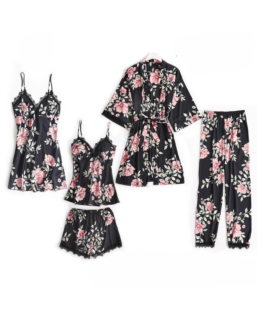 5PCS Pajamas Sleep Set Women Nightwear V-Neck Lace Sleepwear Sexy Nightie Bathrobe Wear Home Suit Negligee Spring Robe front-4