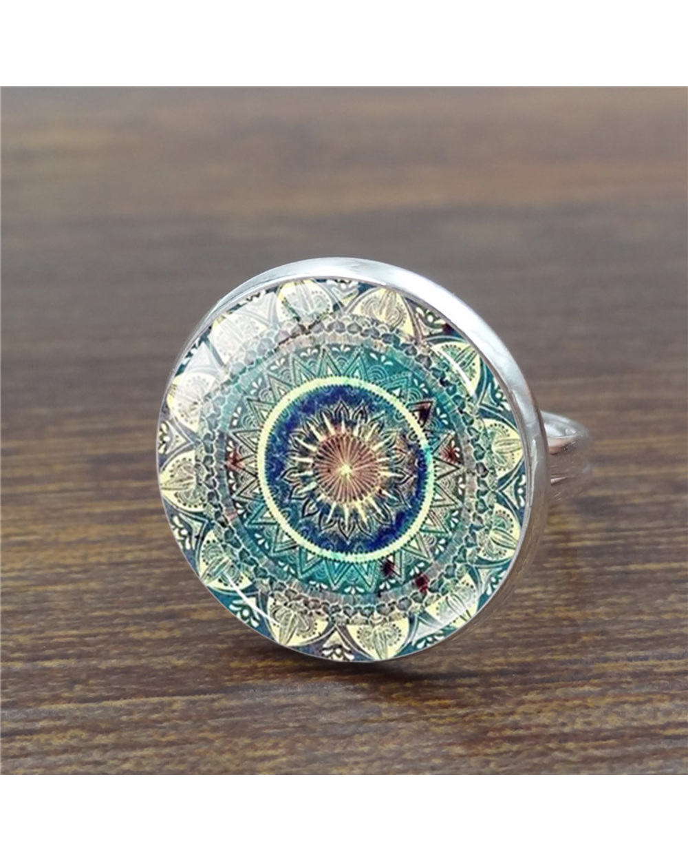 Hot Selling Buddhism Chakra Rings Henna Glass Dome Cabochon Ring Om Yoga Mandala Rings front-3