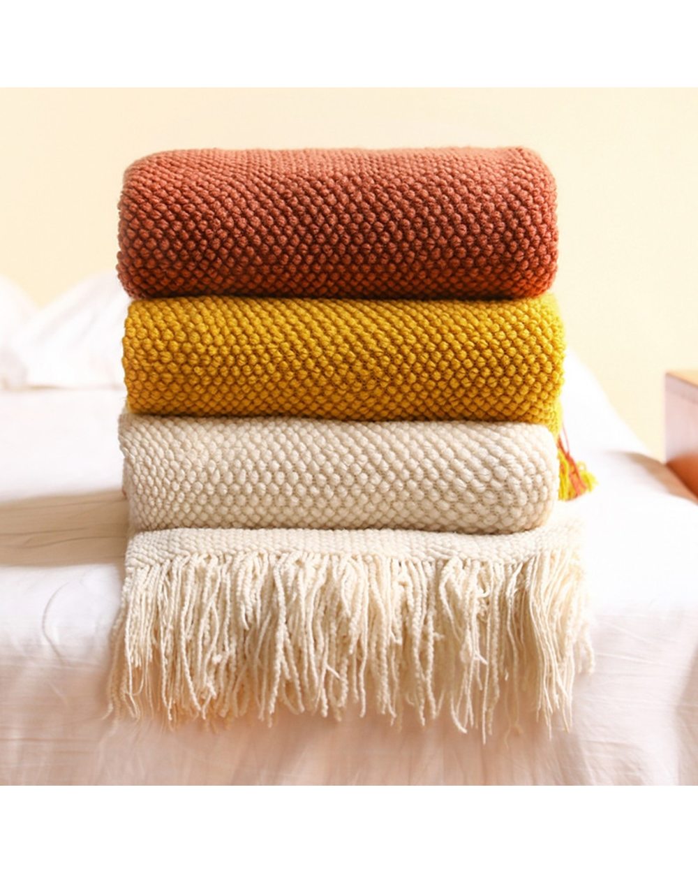 Thickened Knitted Blanket Corn Grain Waffle Embossed Winter Warm Tassels Throw Bedspread 130x240cm front-0