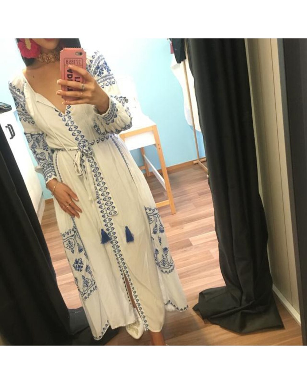 Jastie Bahia Maxi Dress Women Summer Fall Long Sleeve Embroidery Vintage VG06 front-4
