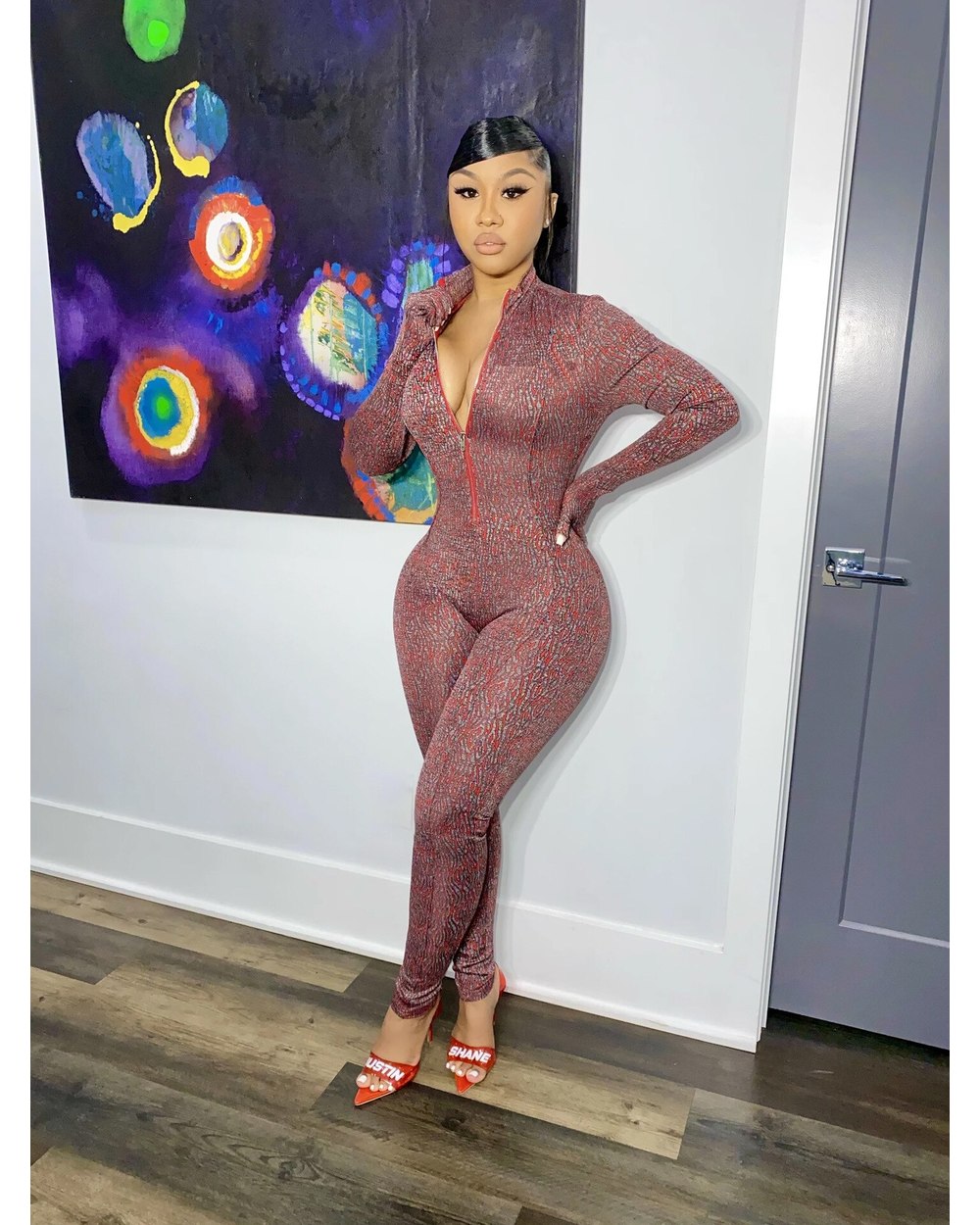ANJAMANOR Fashion Print Gloves Long Sleeve Bodycon Jumpsuit Women 2020 Winter Night Out Club Outfits Sports Romper D25-D front-2