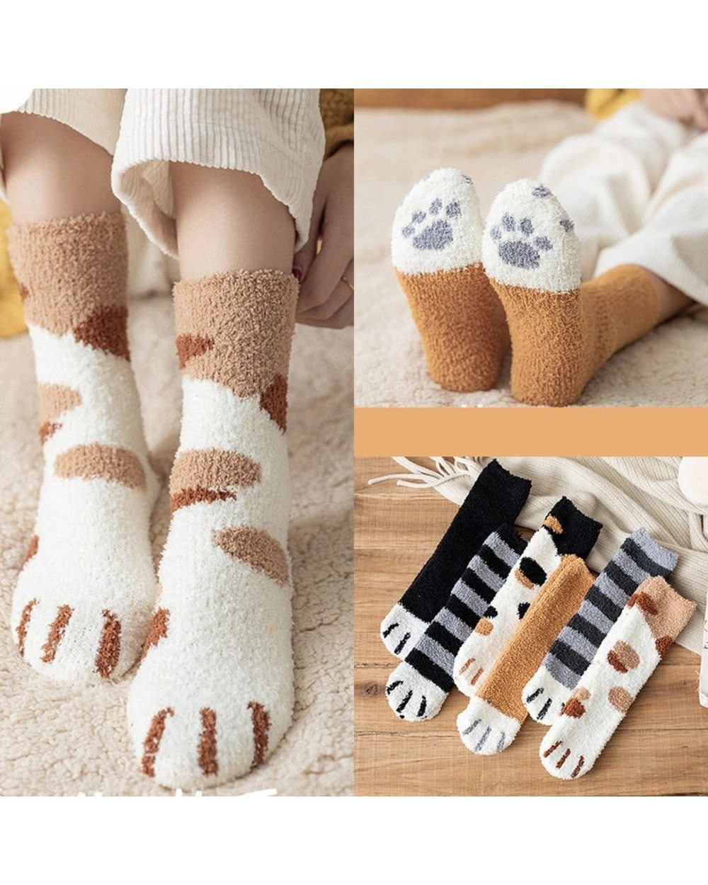 Kawaii Cartoon Socks for Women Cute 3d Dog Cat Paw Pattern Female Fleece Warm Funny Socks Home Floor Sleeping front-0