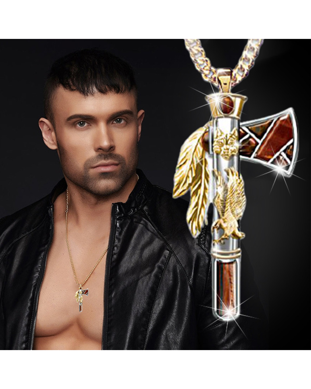 Personality Mens Axe Pendant Exquisite Eagle Wolf Head Ethnic Retro Wind Axe Necklace Party Jewelry front-1