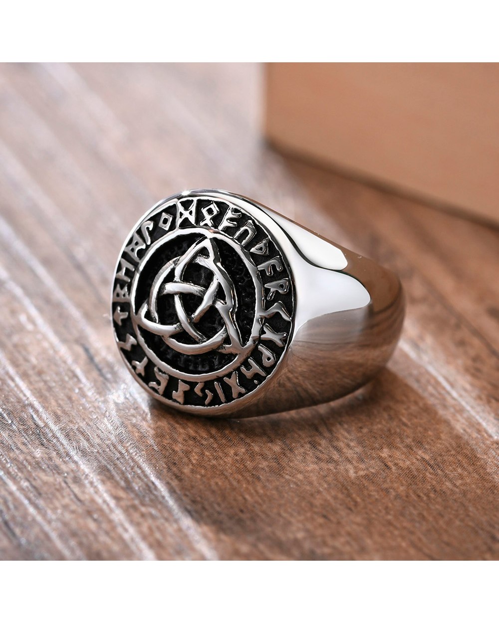 Celtic Triple Knot Rune Signet Ring Men Viking Jewelry front-3