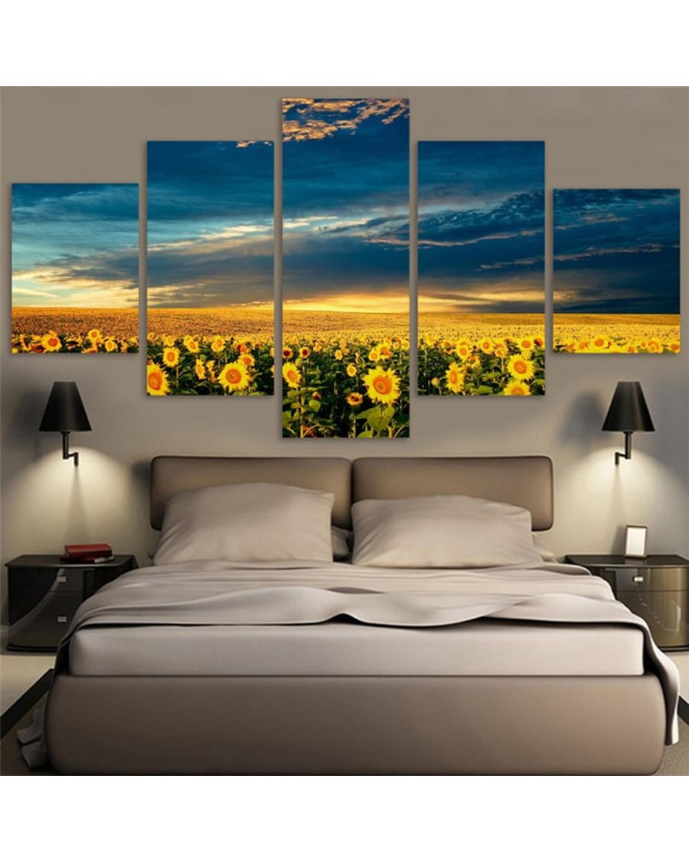 Sunflower Flower Sea Picture Print Nature 5 Panel Canvas Art Wall Decor front-0