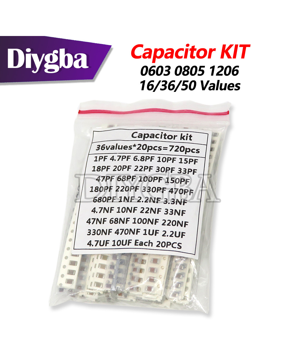 320Pcs 720Pcs 2500Pcs 0603 0805 1206 Smd Capacitor Kit Assorted Kit Diygba 16/36/50 Values 1Pf 4.7Pf 6.8Pf 1Nf 1Uf 4.7U front-0