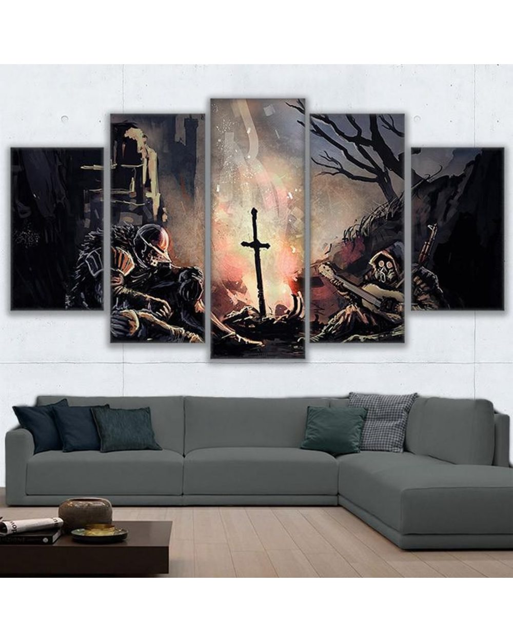 Soldiers Dark Souls by the Cross Modern Picture Print Abstract 5 Panel Canvas Art Wall Decor front-0