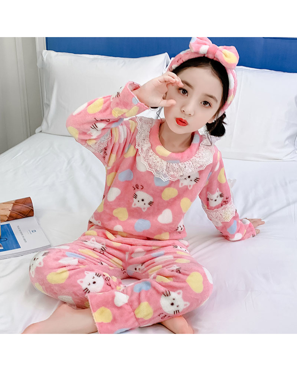 BIG Girl Wear Autumn Winter Long Sleeve Warm Flannel Pajamas Set Cute Girl Sleepwear Set Send Hair Band Christmas Gift front-4