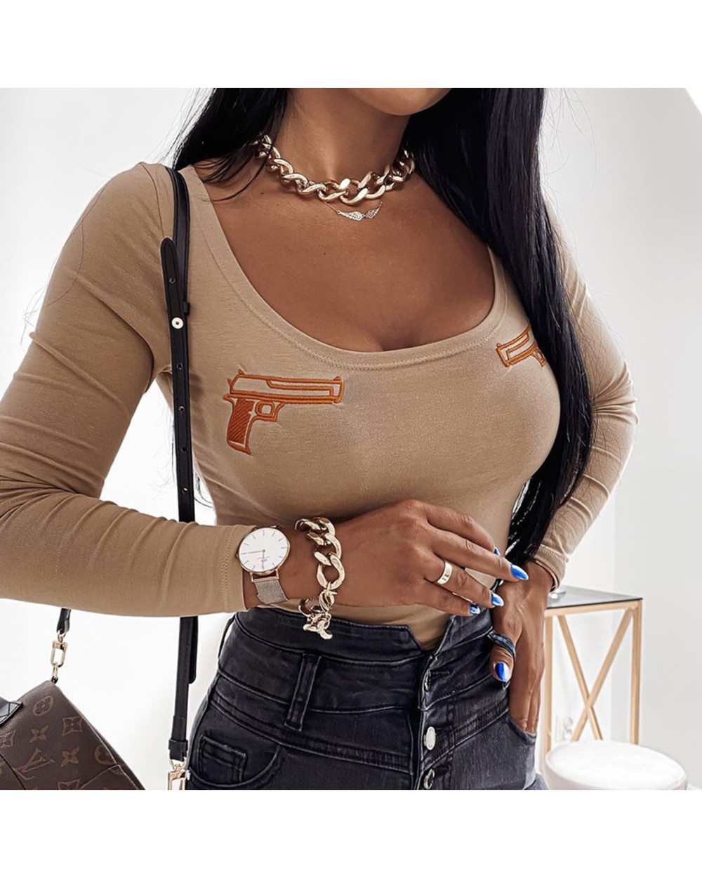 OMSJ Casual Trendy Gun Embroidery Rompers Long Sleeve U Neck Bodycon Ladies Bodysuit 2020 Fall Winter Daily Streetwear J front-1