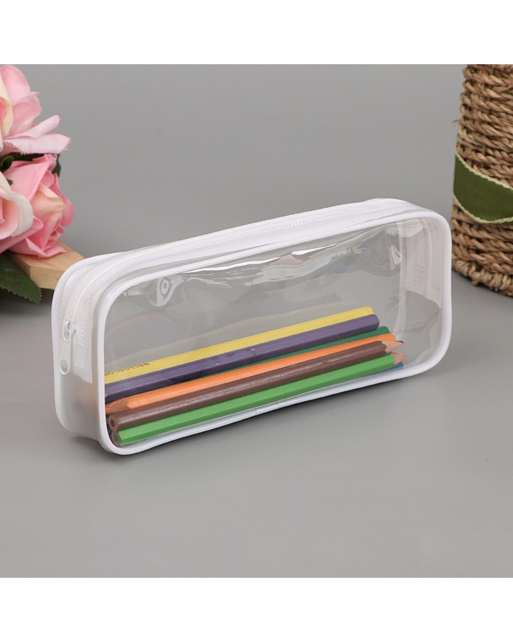 New Transparent Pvc Pencil Bag Canvas Flower 20Cm Stationery Storage Pencil Case Waterproof Pencil Pouch School Student front-1