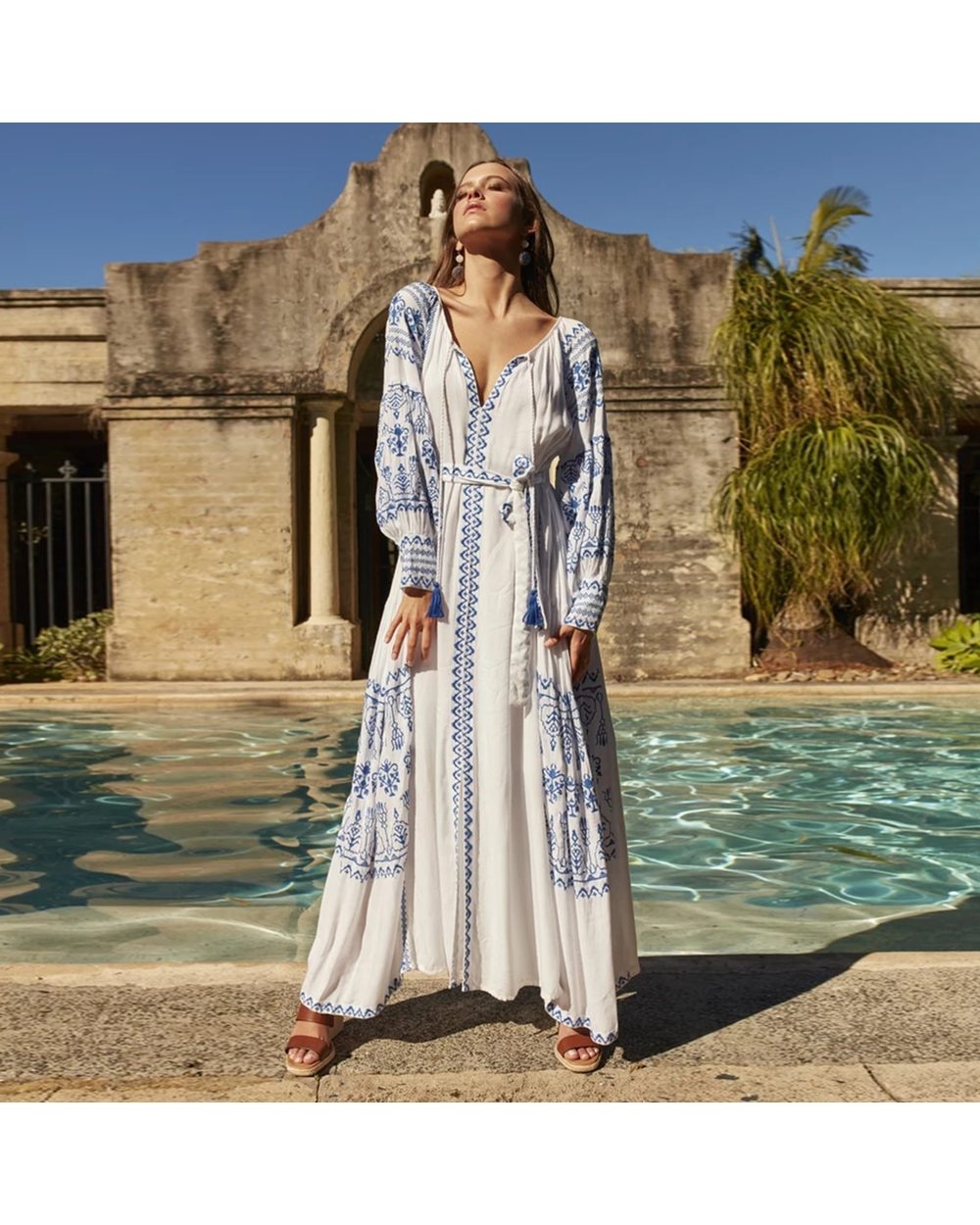 Jastie Bahia Maxi Dress Women Summer Fall Long Sleeve Embroidery Vintage VG06 front-0