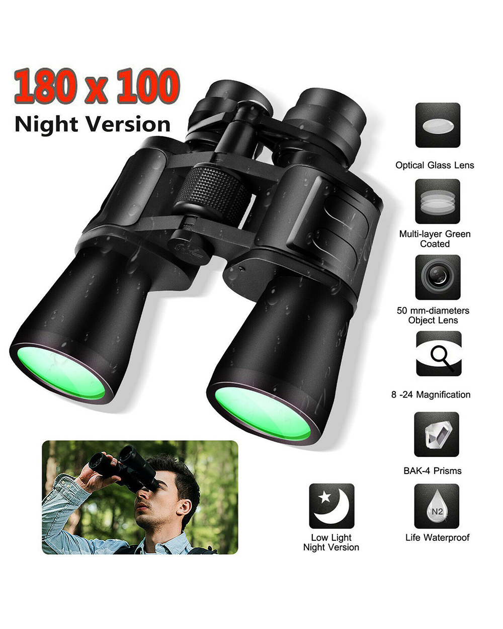 Hd Professional Sakura 10-180X100 Binoculars Telescope 50 Zoom Objective Lens High Power Adjust Binocolos Night Vision front-0
