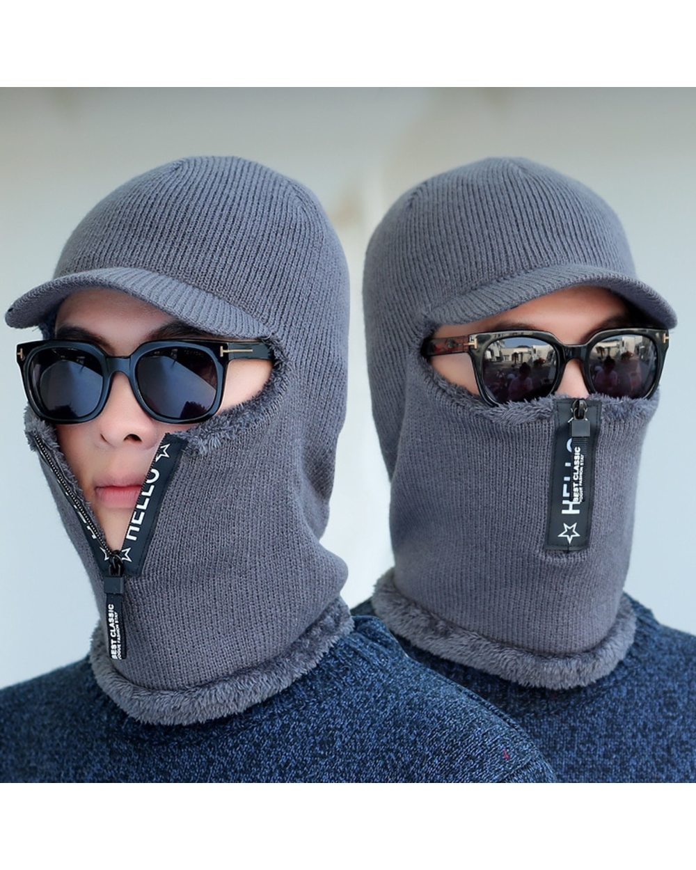 Winter Knitted Beanie Caps Outdoor Ski Full Face Hats Fur Lined Warm Brim Hats Men Skullies Ear Warm Balaclava Scarf Zi front-2