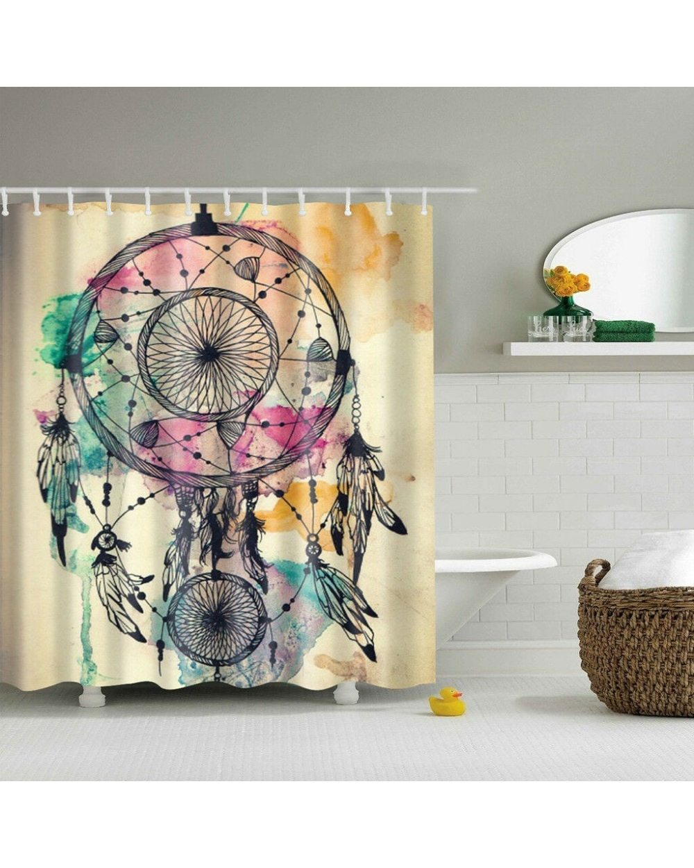 Native Hot Colorful Dream Catcher Bathroom Shower Curtain Set Watercolor Boho Bathroom Decoration Native America front-3
