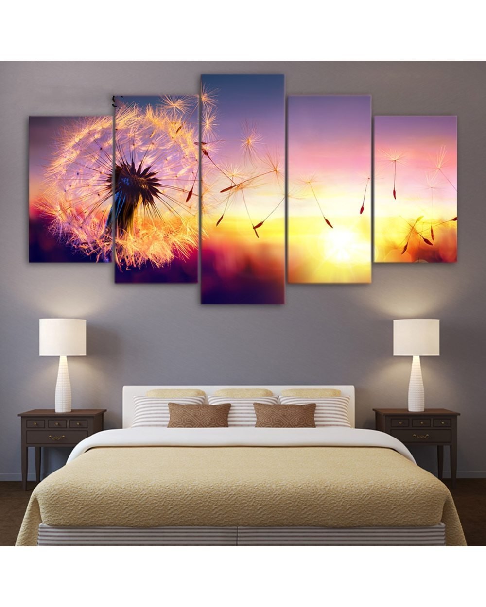 Dandelion Flying in Sunset Inspirational Picture 5 Panel Canvas Art Wall Decor front-0