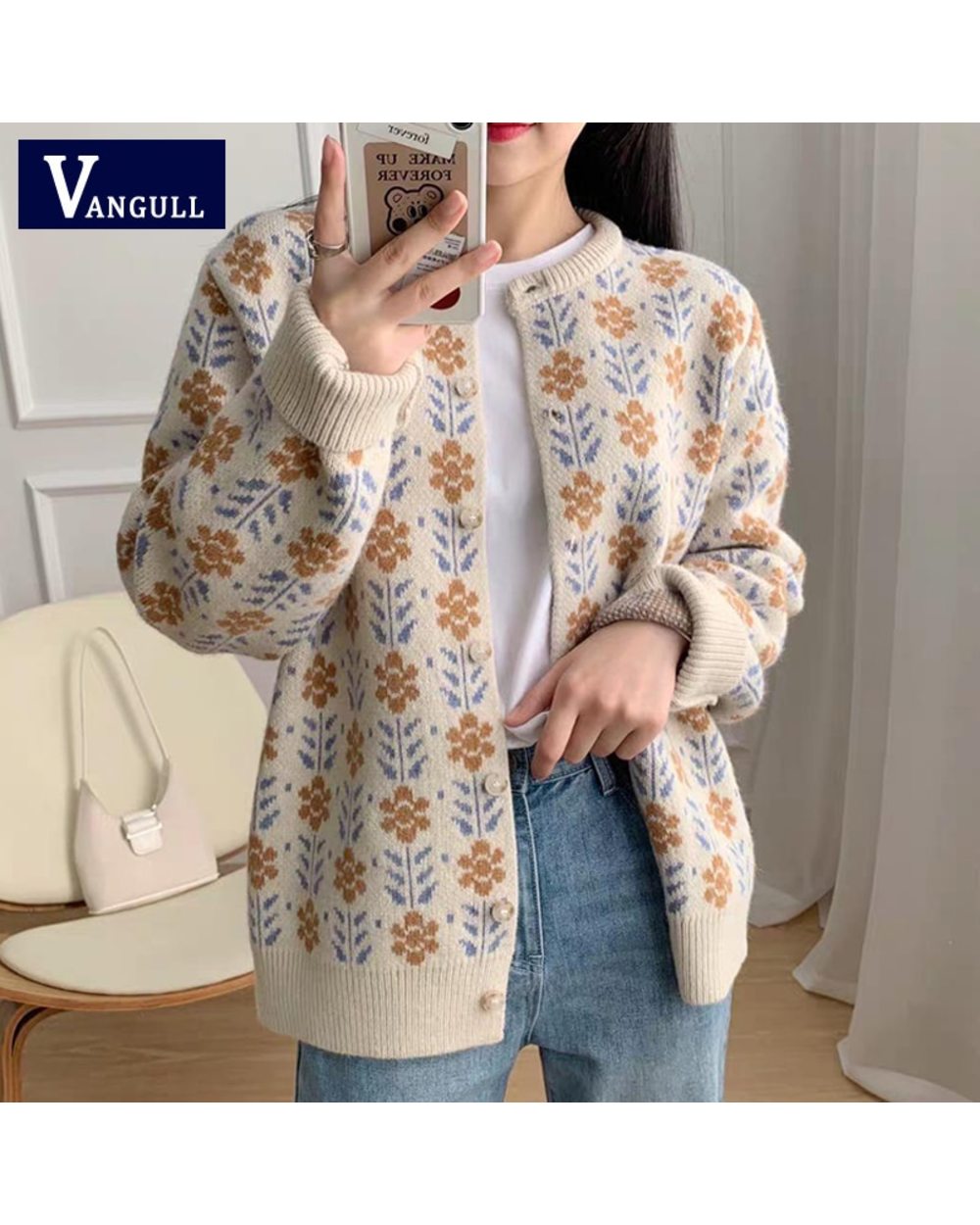 Floral Print Women Cardigan Knitted Sweater Long Sleeve Retro Outwear Cardigan Autum Winter O Neck Short Female Sweater front-0