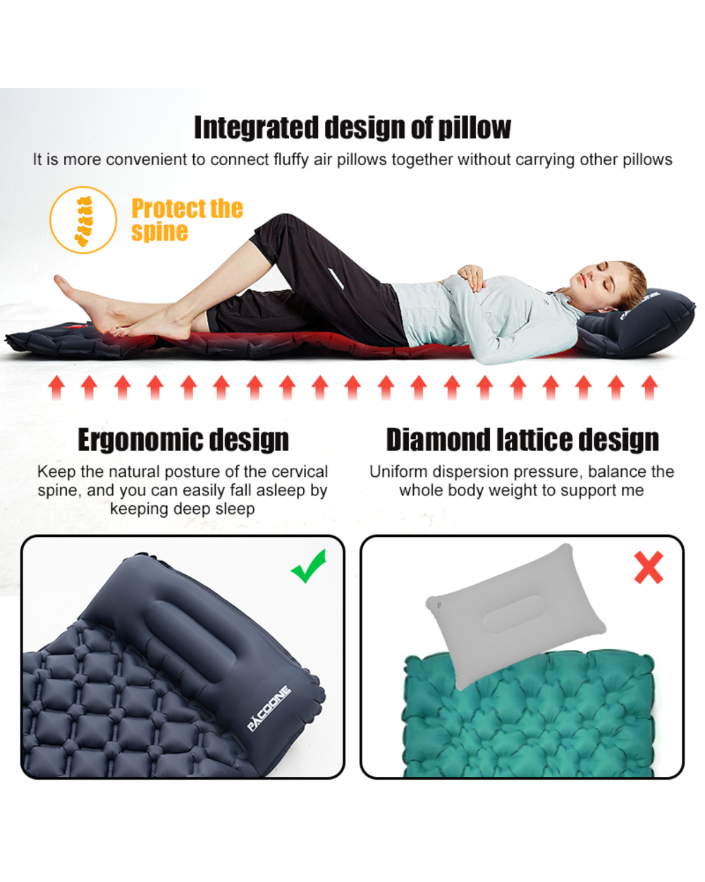 PACOONE Outdoor Camping Sleeping Pad Inflatable Mattress with Pillows Ultralight Air Mat Built-in Inflator Pump Travel front-3