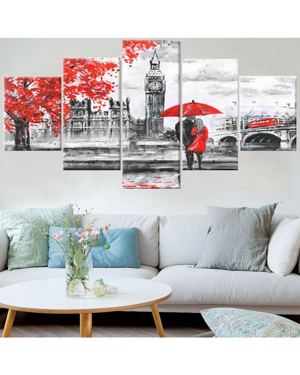 Red Umbrella Couple in England Sight Picture Print Abstract 5 Panel Canvas Art Wall Decor front-0