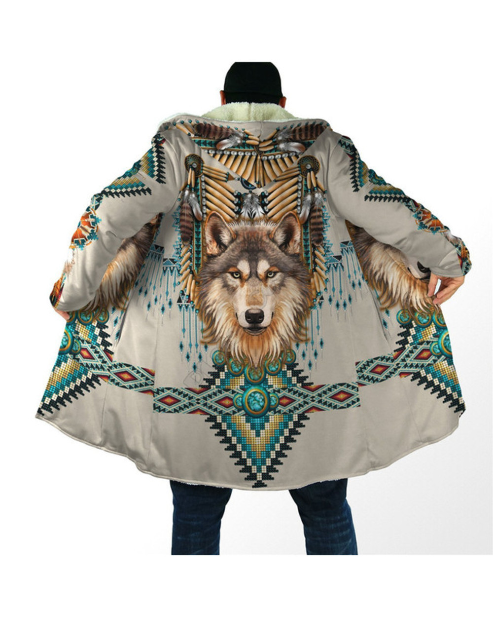 Hooded Cloak Native Wolf 3D All Over Prined Fleece wind breaker Warm Hood Cloak front-1