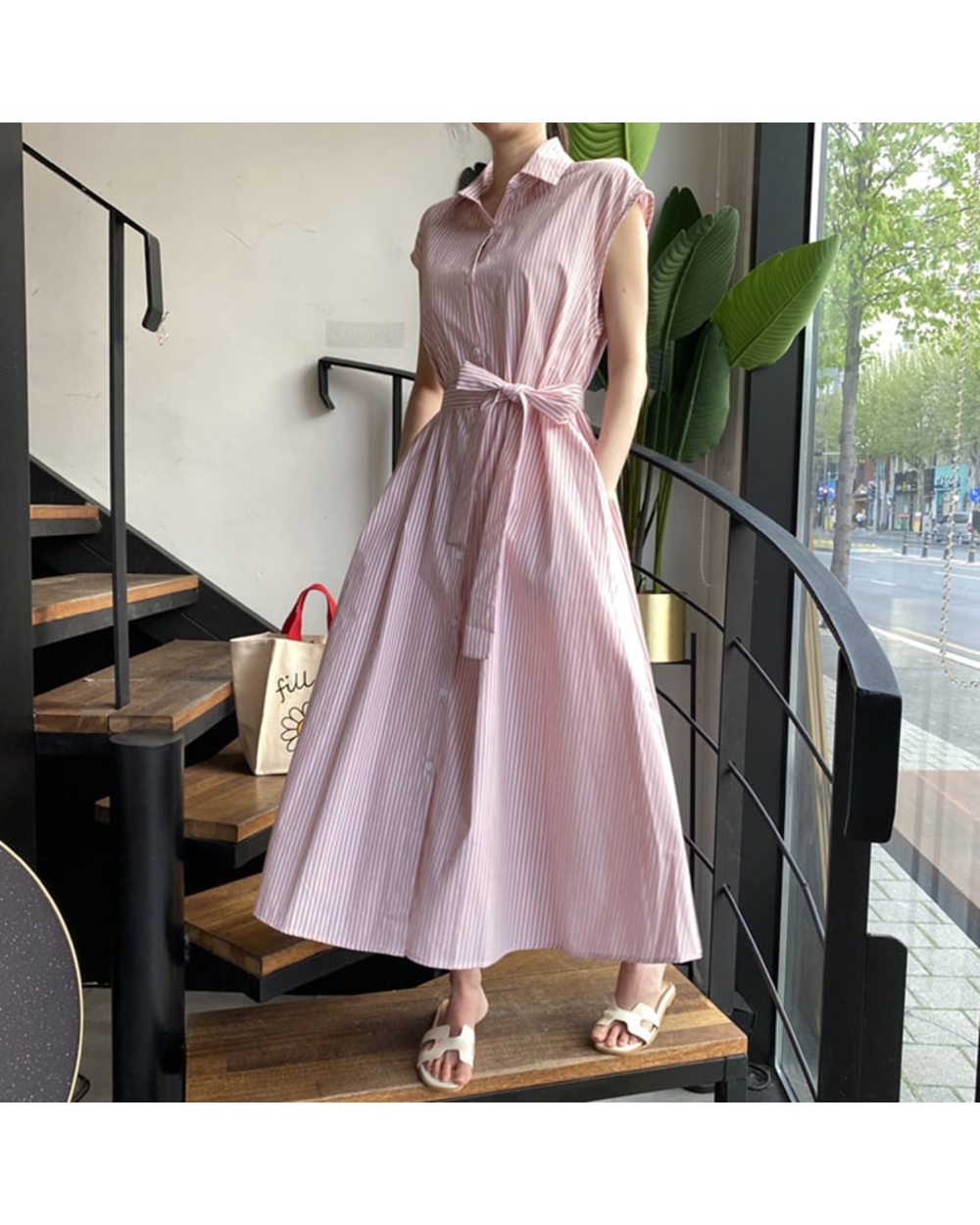 Women Spring Summer Shirt Dress Multi Colors Casual Sleeveless Striped Oversize Lace Up Long Dress front-2