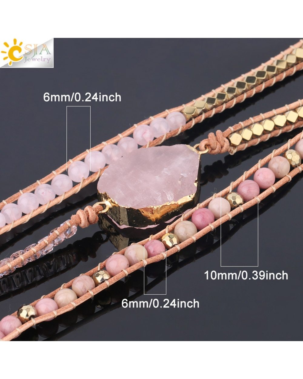 CSJA Natural Stone Bracelet Pink Quartz Leather Wrap Bracelets for Women Rose Gems Crystal Beads Bohemia Jewelry 5 front-5