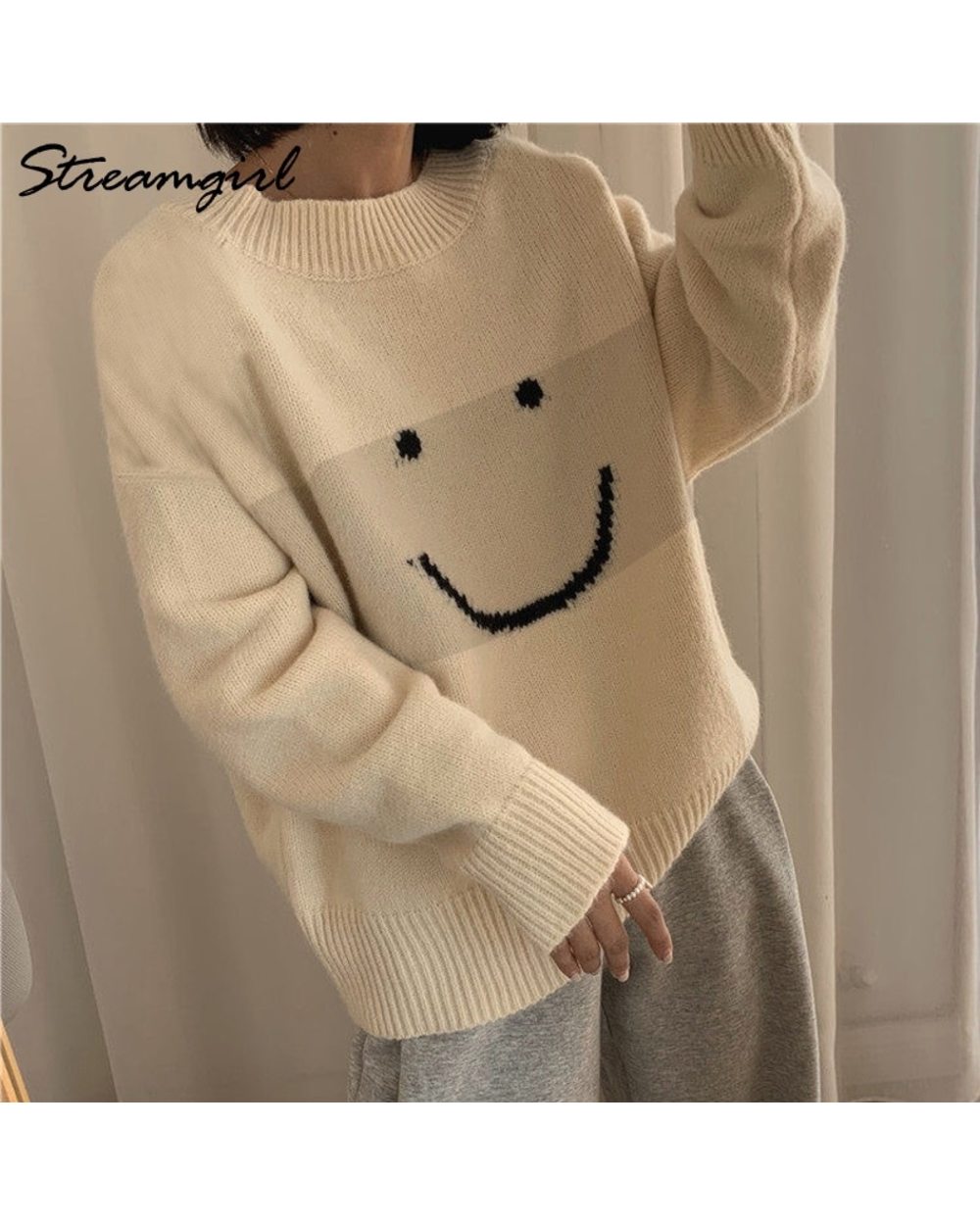 Beige Knitted Warm Sweaters For Women Sweater Oversize Winter Sweet Clothes Smile Pullovers Loose Oversized Sweater front-1