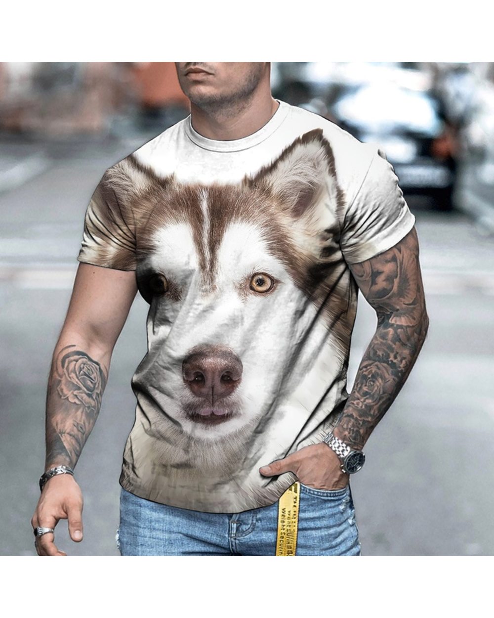 NEW 3d Printing T-shirt for Men Cute Alaskan Shepherd Sled Dog front-2