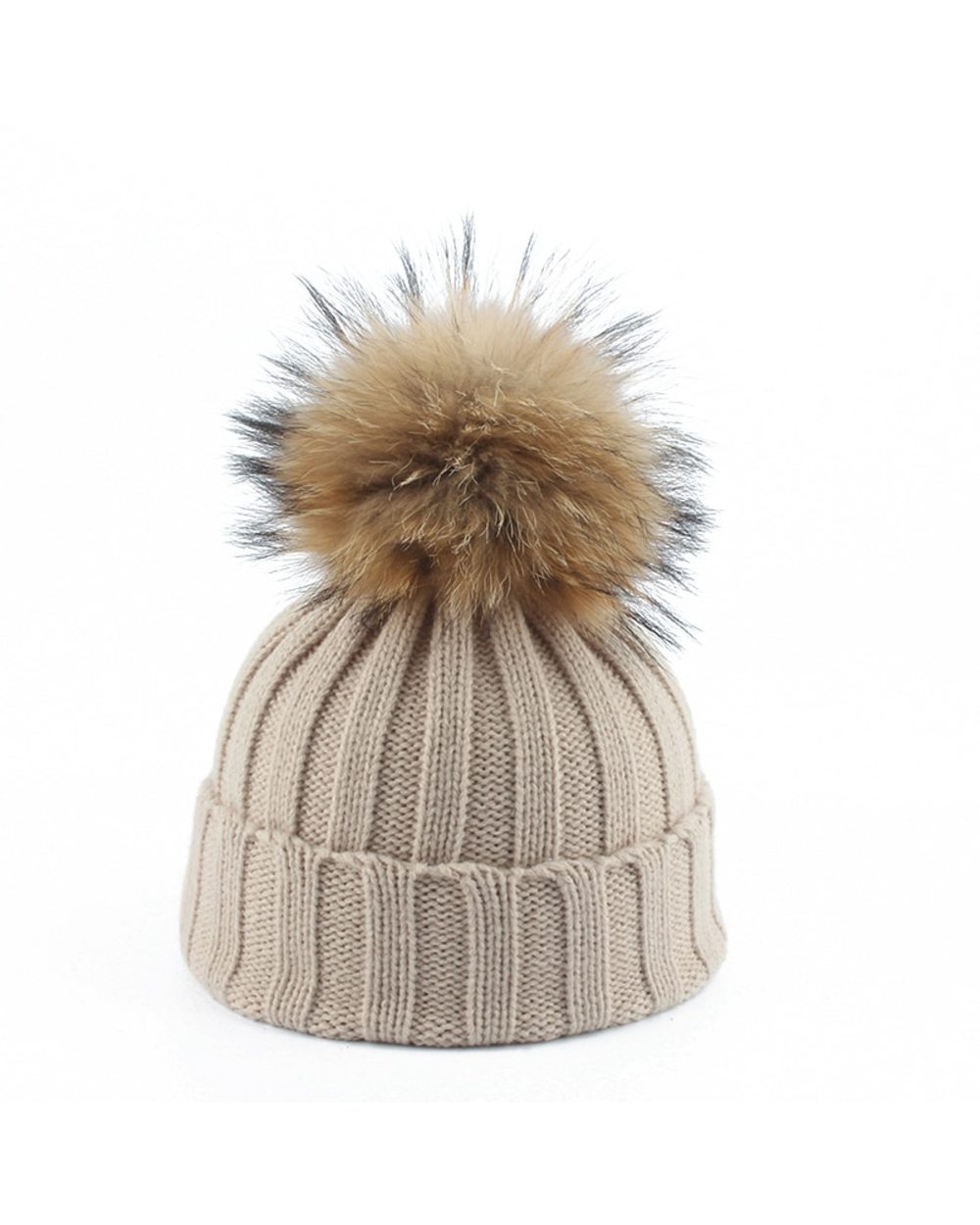 Big Fur Pom Pom Beanie Hats Parent Kids Warm Knitted Winter Hat Baby Girls Boys Real Raccoon Fur Pompom Beanies Cap front-2