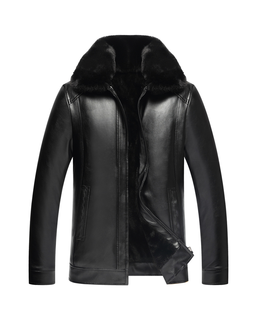 Winter Mens Thick Loose Black Jacket Faux Fur Collar Casual Pu Leather Jacket Plus Size Fluffy Coat Male Elderly Clothe front-0