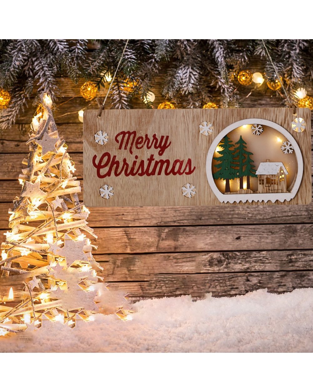 1pc Merry Christmas Wooden Door Hanging Light Pendant Natural Wall Ornament Xmas Tree LED Decoration Home New Year Gift front-2