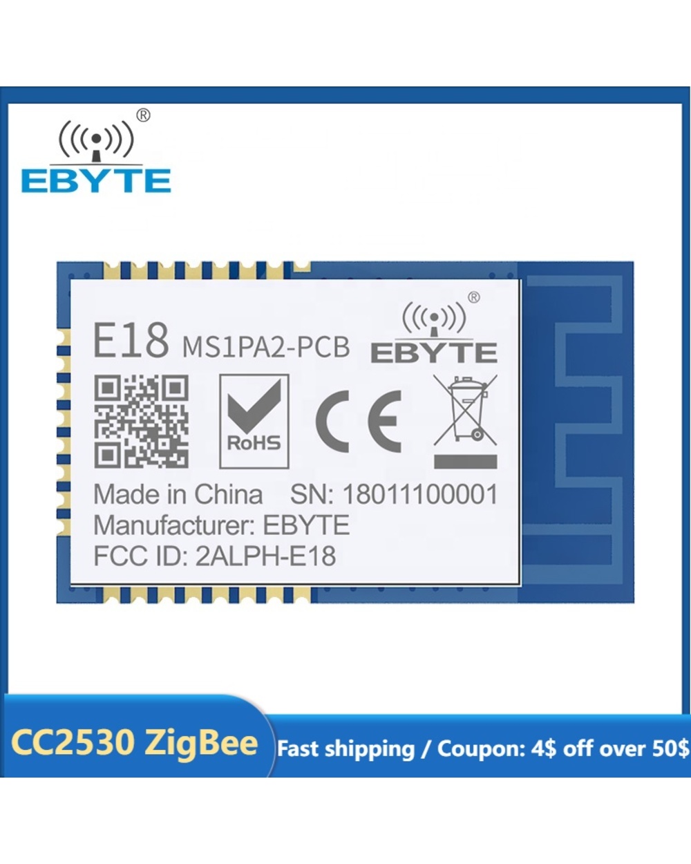 Cc2530 Zigbee 2.4Ghz Wireless Module E18-Ms1pa2-Pcb Ebyte 100Mw Long Distance Zigbee Ad Hoc Network Module With Pcb Ant front-0