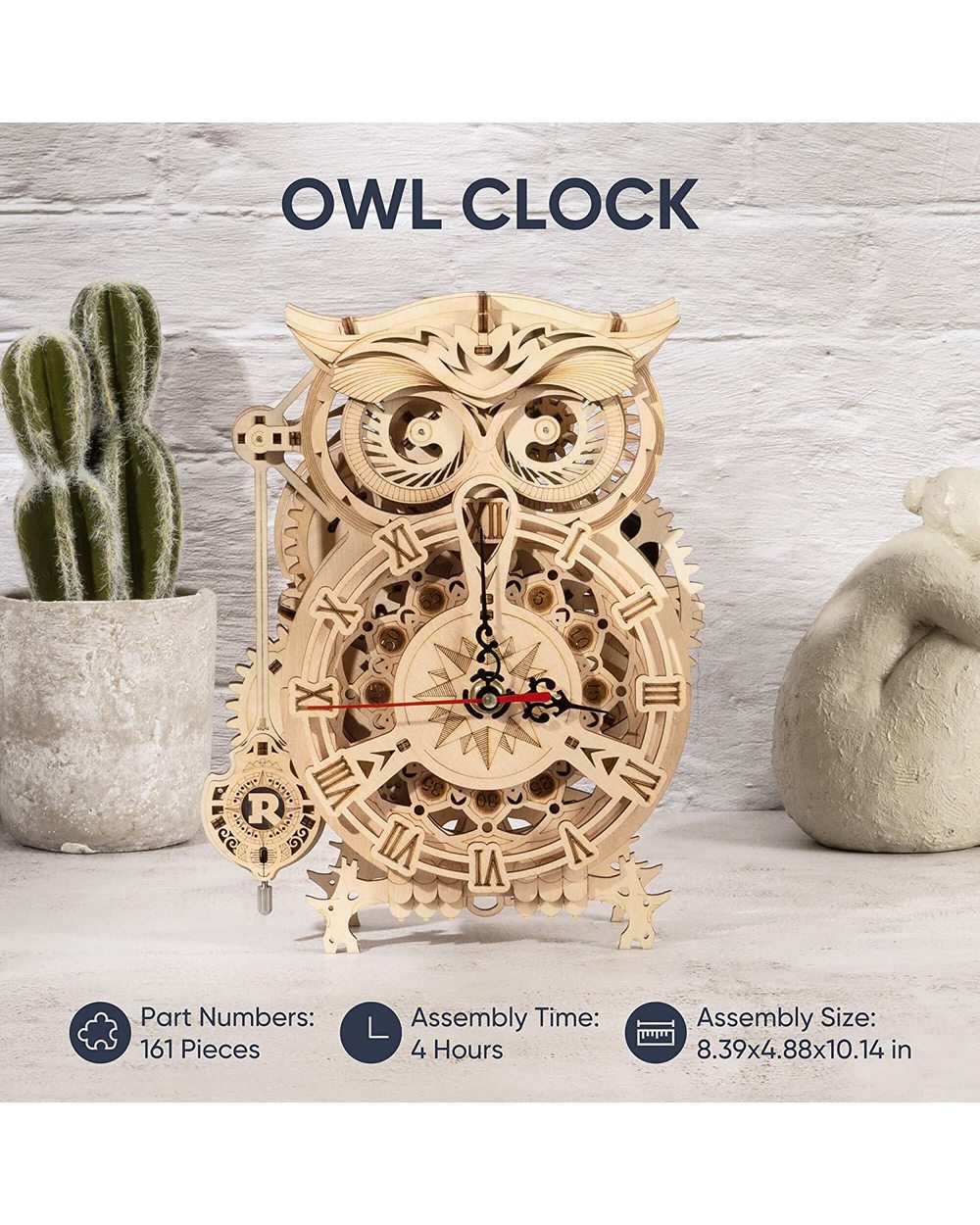 Rokr 161pcs Creative DIY 3D Owl Clock Wooden Model Building Block Kits Assembly Toy Gift for Children Adult LK503 front-2