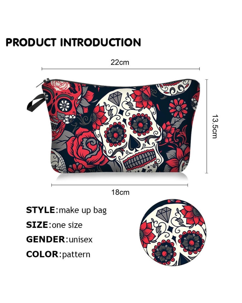 Skull Print Pattern Women Waterproof Cosmetic Bag Toiletry Storage Organize Travel Makeup Bag Female Wash Pouch front-4